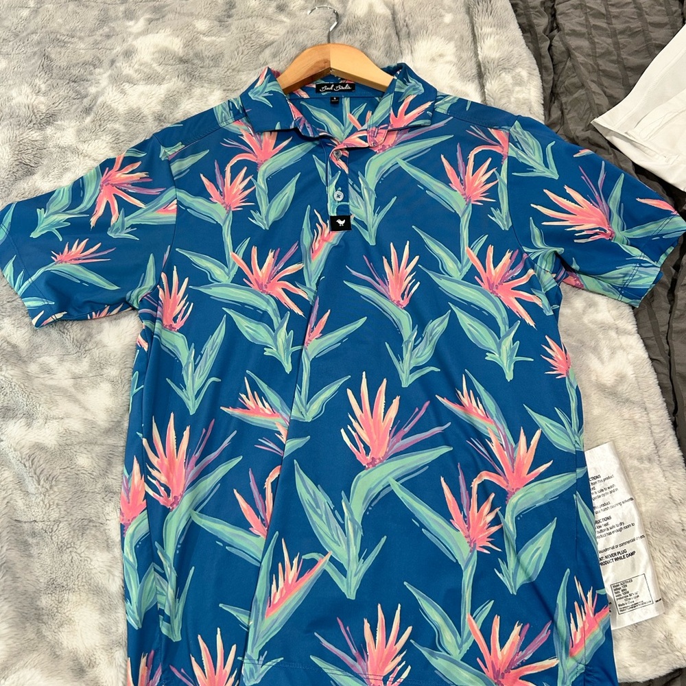 Bad Birdie Blue Shirt with Pink and Green Tropical Design